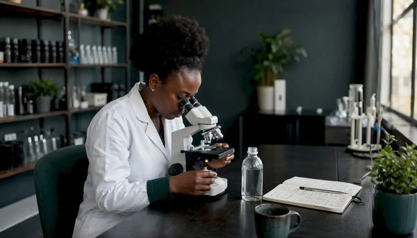 Un chercheur examine attentivement une bouteille d'eau en laboratoire.