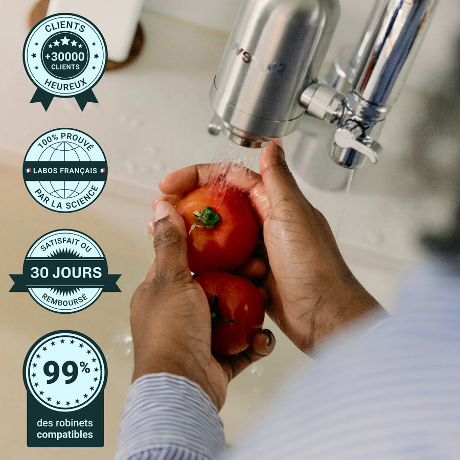 Lavage de tomates sous le filtre Pureva One, satisfait ou remboursé 30 jours et compatible 99 % des robinets
