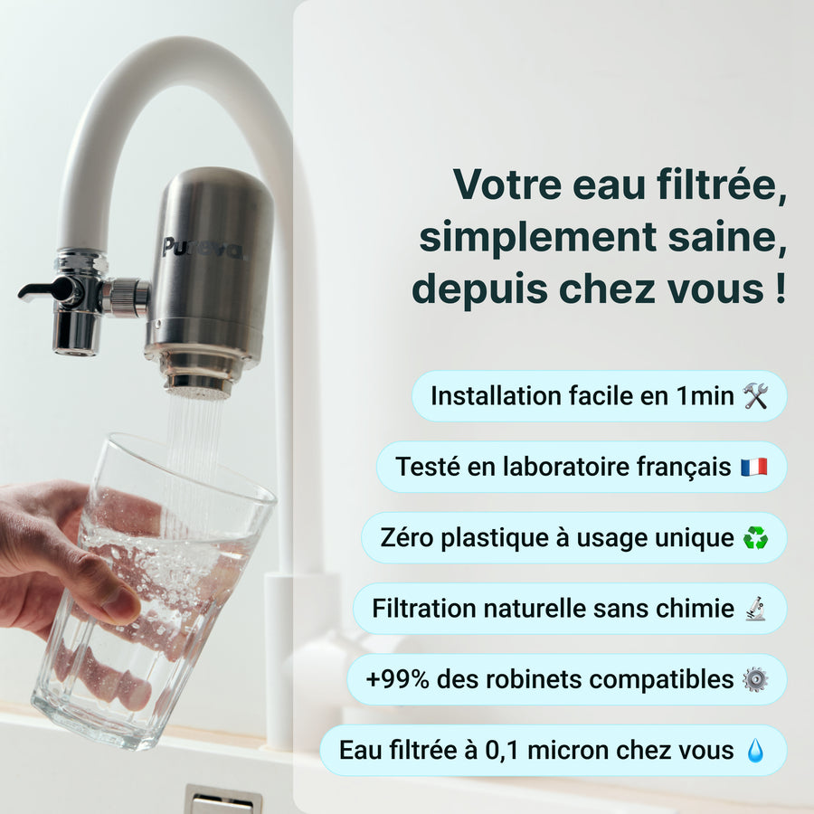 Avantages du filtre Pureva One : installation facile, testé en laboratoire français, zéro plastique à usage unique