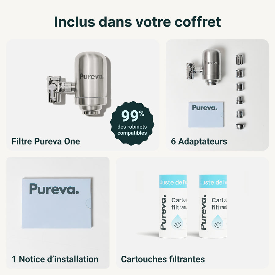 Contenu du coffret Pureva One : filtre, 6 adaptateurs, notice d'installation et cartouches filtrantes